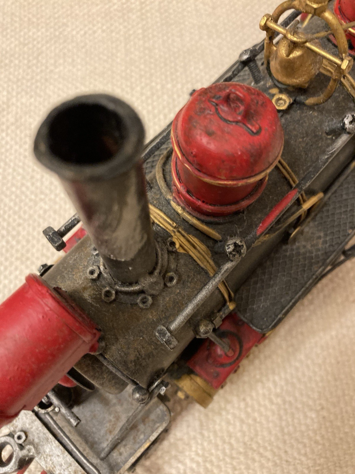 Vtg Decorative Metal Steam Locomotive Model Train Engine Red Black Gold On Base