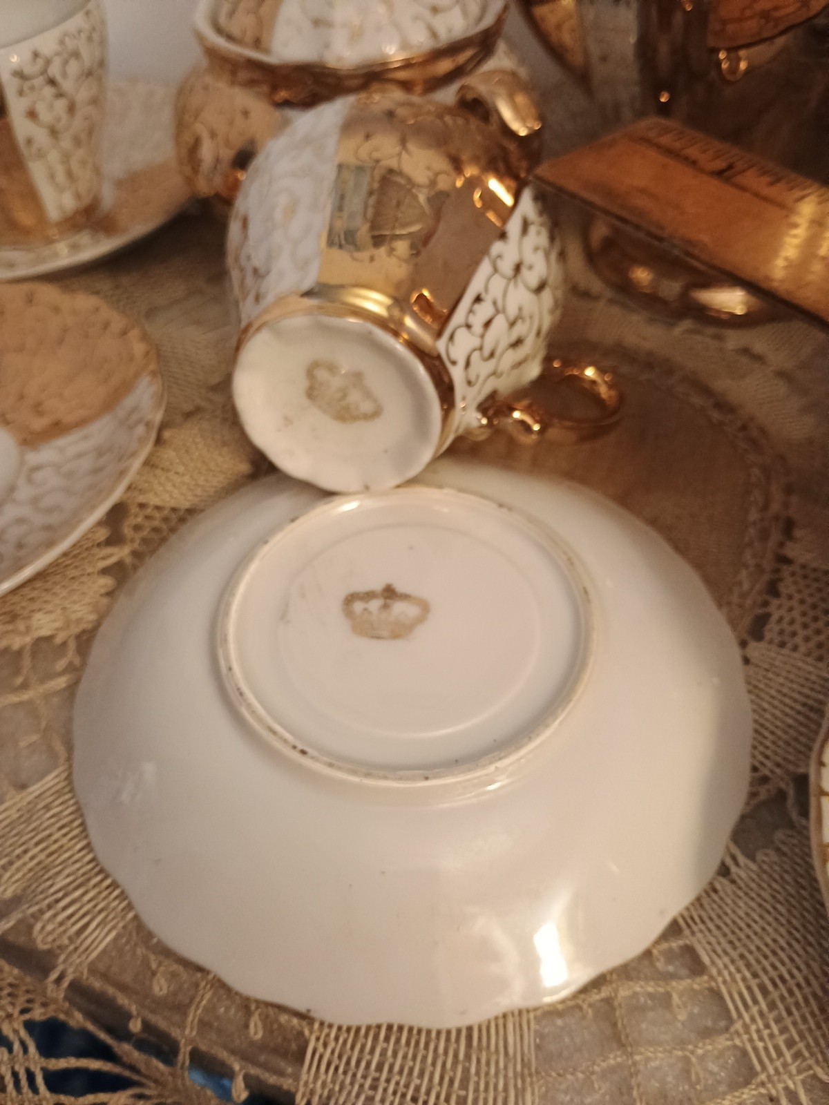 Antique Bavarian Gilded porcelain tea Set! Woldershof Pat 55! Good Condition