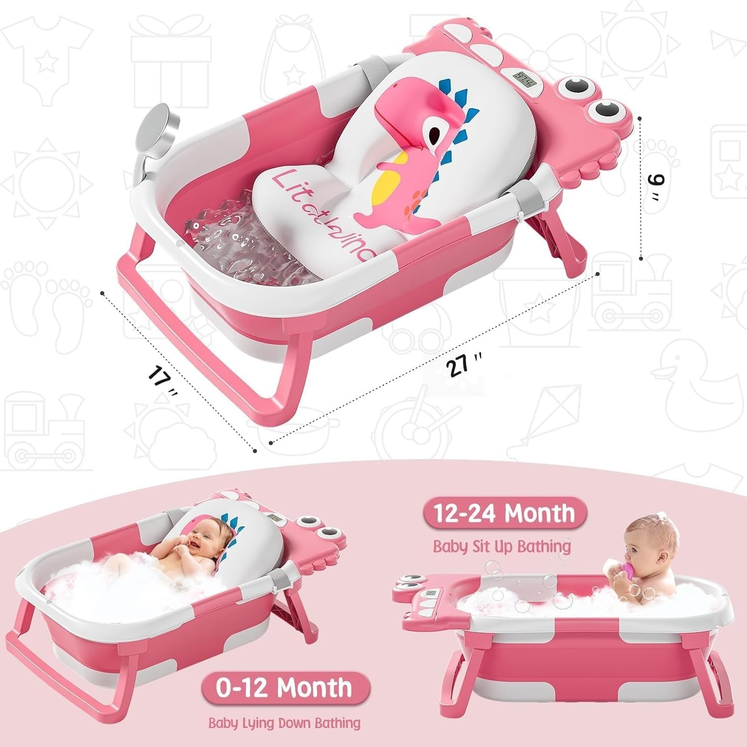 Collapsible Baby Bathtub for Newborn with Thermometer & 1 Hooded Towel & 1 So...
