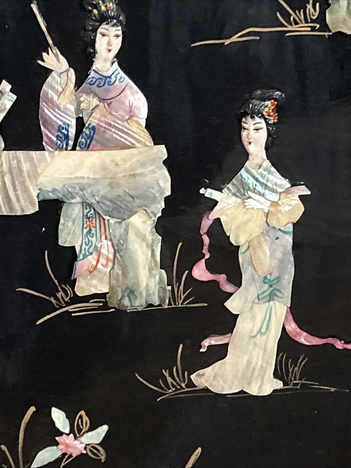 3 Vintage Laquered Asian With Mother of Pearl Panels 12”x 36” 2 Sets Available