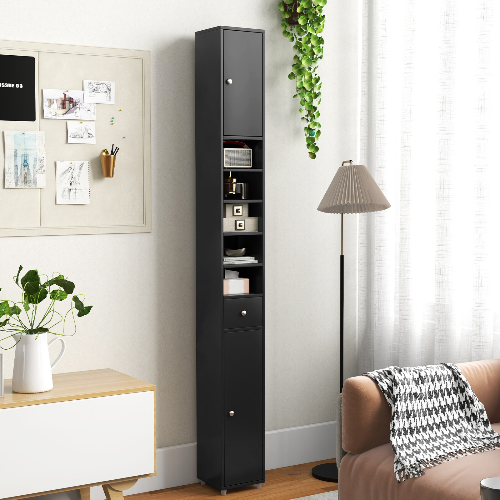 Tall Slim Bathroom Storage Cabinet Linen Tower w/ 2 Doors 1 Drawer Shelves Black