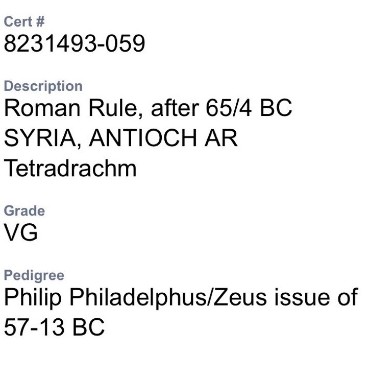 Silver Tetradrachm 57BC-13BC Philip Philadelphus Antioch Roman Rule NGC Graded