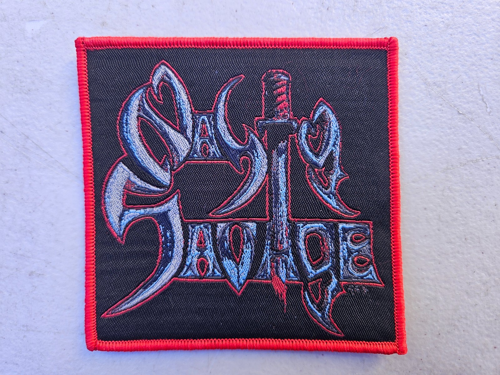 NASTY SAVAGE, SEW ON RED BORDER WOVEN PATCH