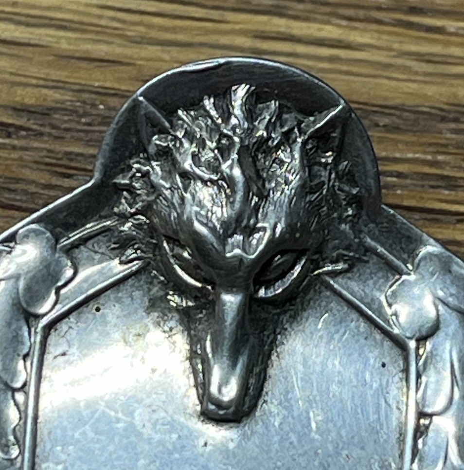 American Coin Silver Serving Tablespoon Realistic Fox Head F A B & Co Monogram