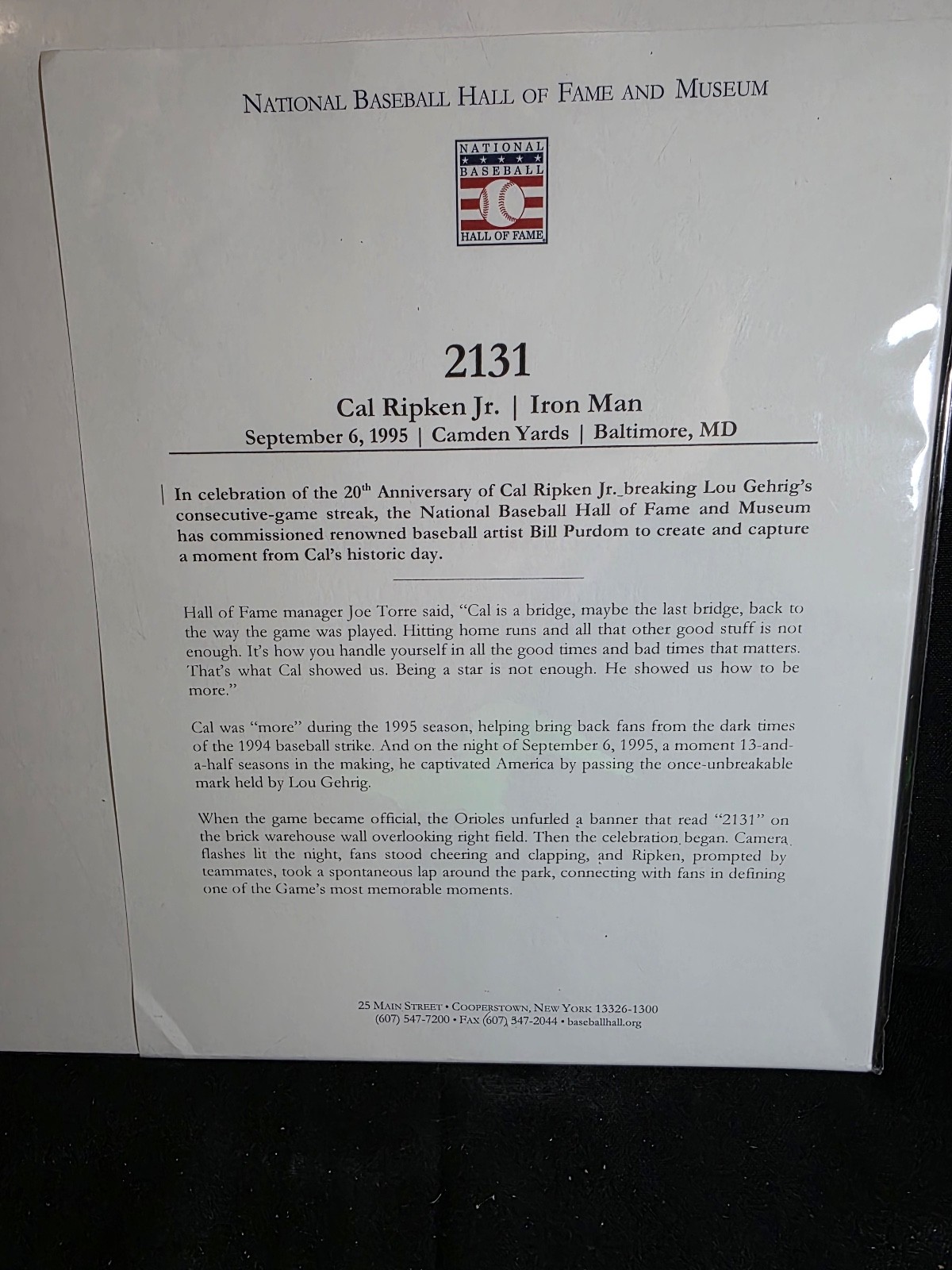 Cal Ripken Jr Orioles Lithograph Bill Purdom Signed 1273/2500 HOF Member 16"X20"