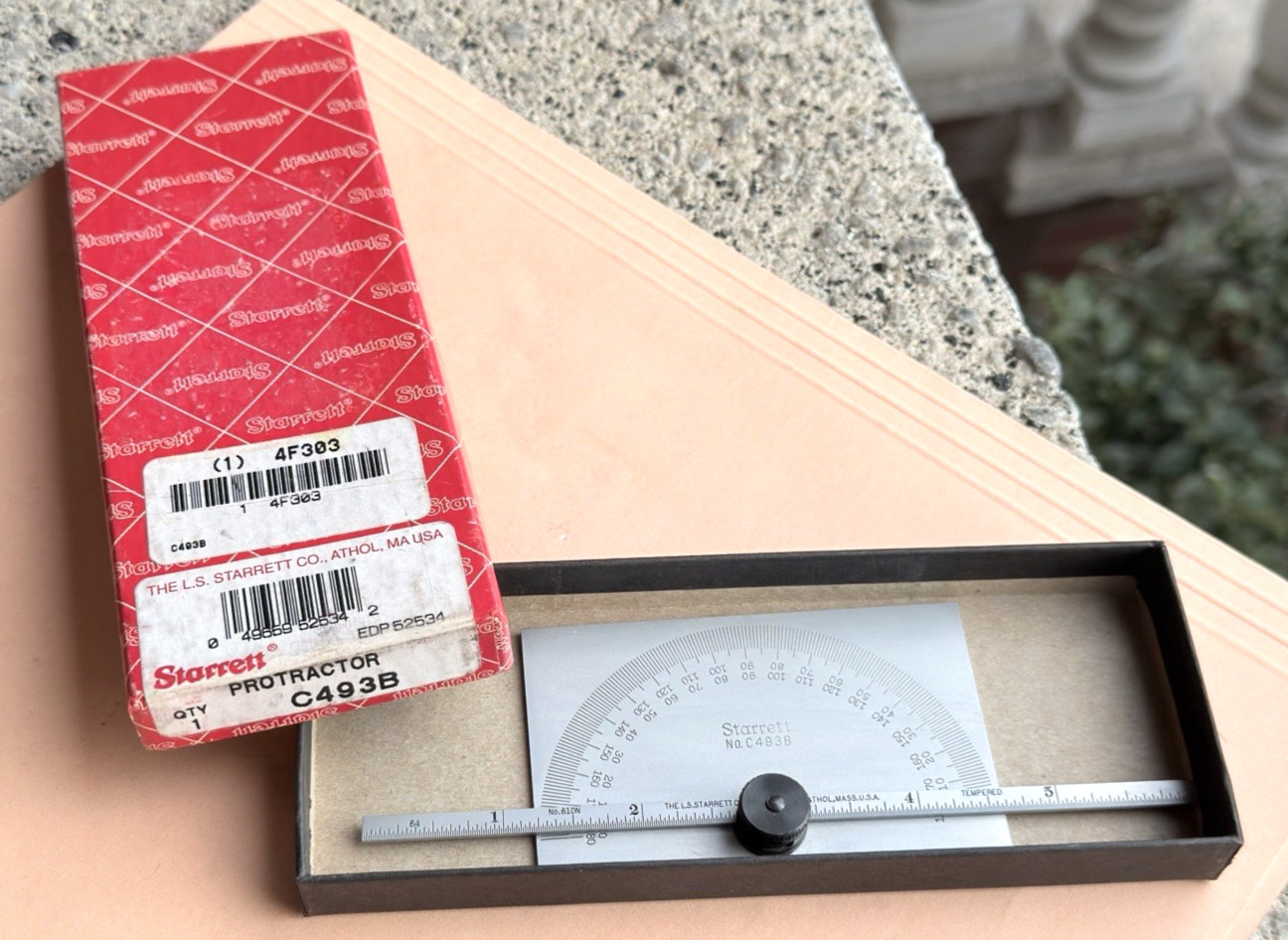 STARRETT No. C493B Satin Chrome Finish  Steel Protractor/Depth Gage. USA Made!