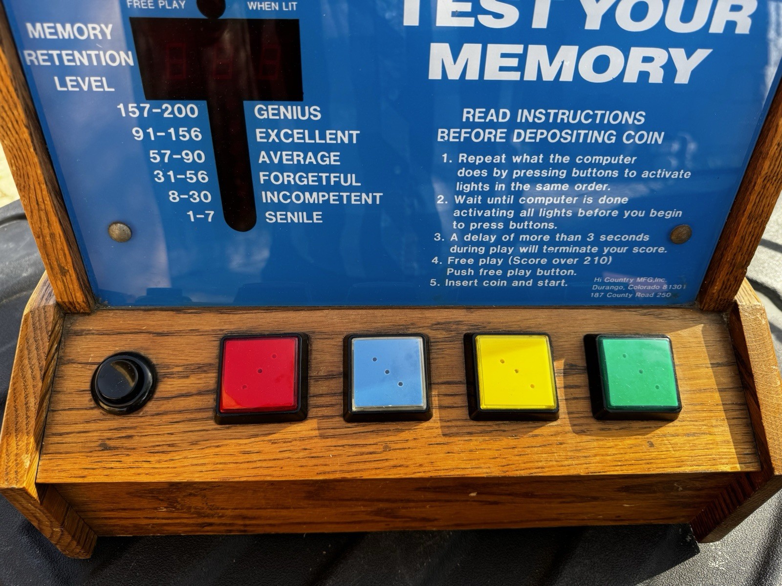 Memory Tester Quarter Coin Operated Simon Says Like Color-Sequence Matching Game