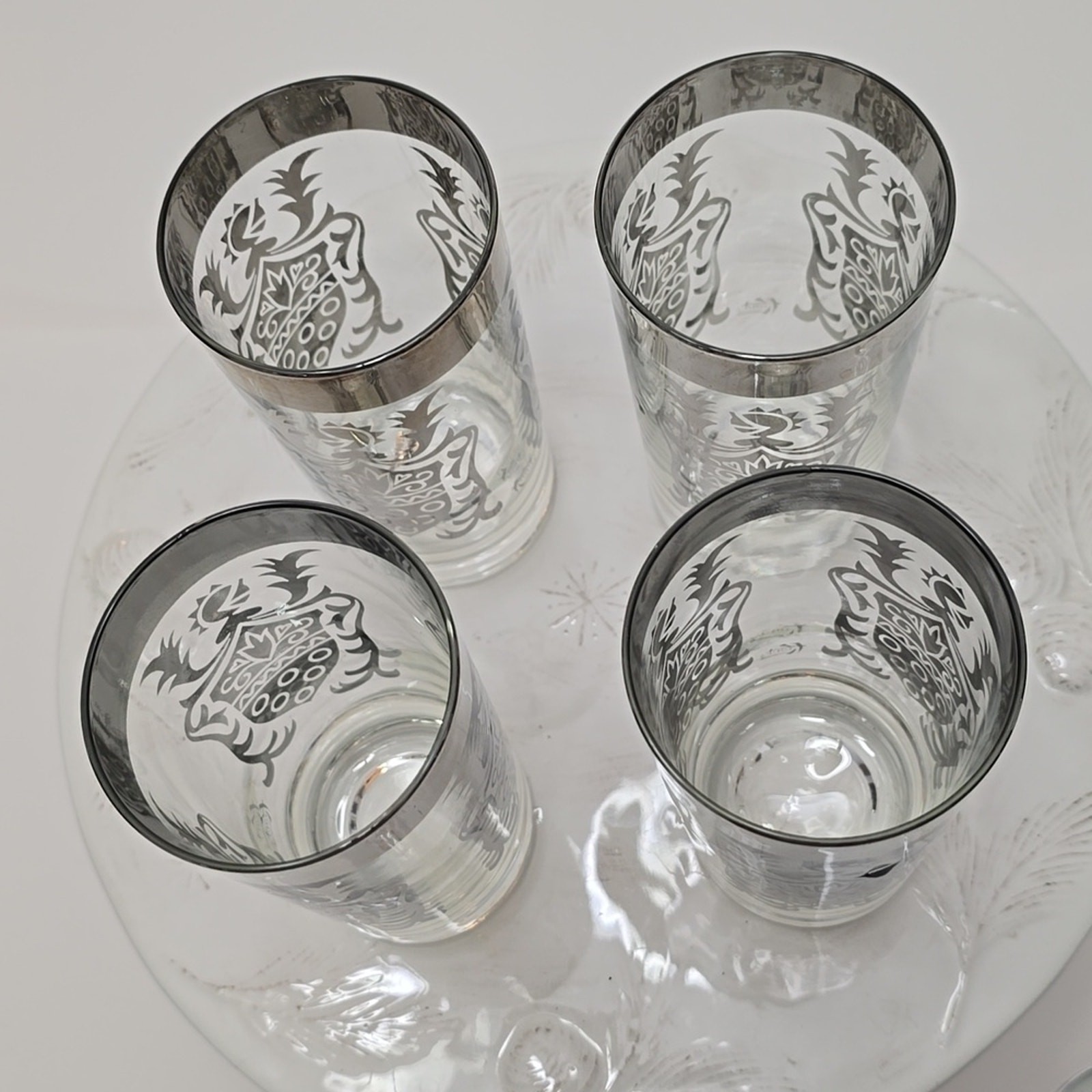 Vintage MCM Set Of 4 Kimiko Silver Knight Shield Highball Glasses Barware