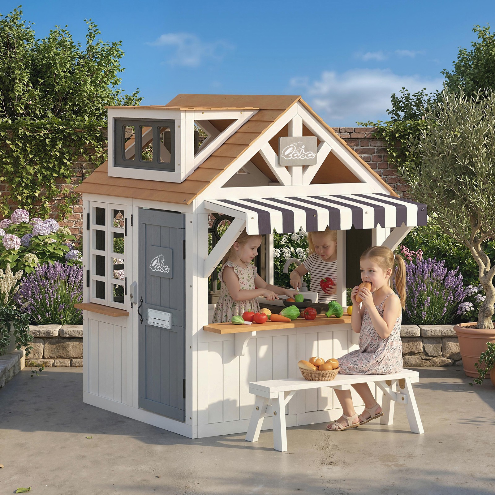 Qaba Outdoor Playhouse, Wooden Kids Playhouse with Dog Door for Garden