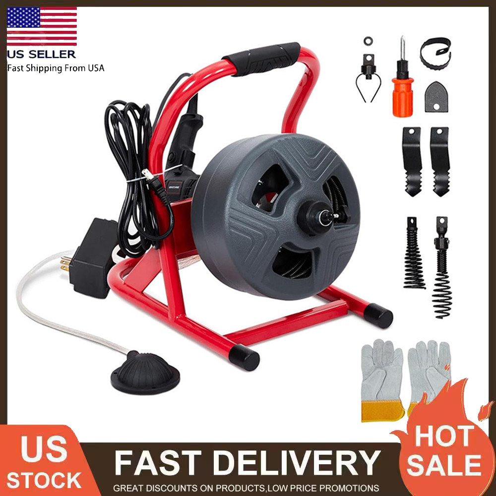 50Ft x 5/16" Drain Cleaner Machine Drain Auger Sewer Snake Plumbing with Cutters