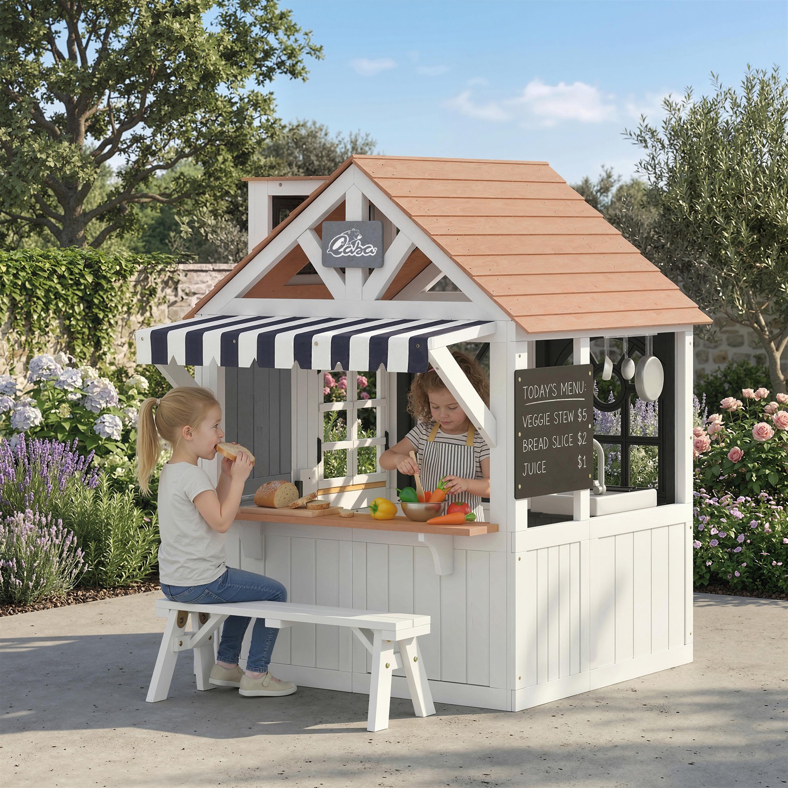 Qaba Outdoor Playhouse, Wooden Kids Playhouse with Dog Door for Garden