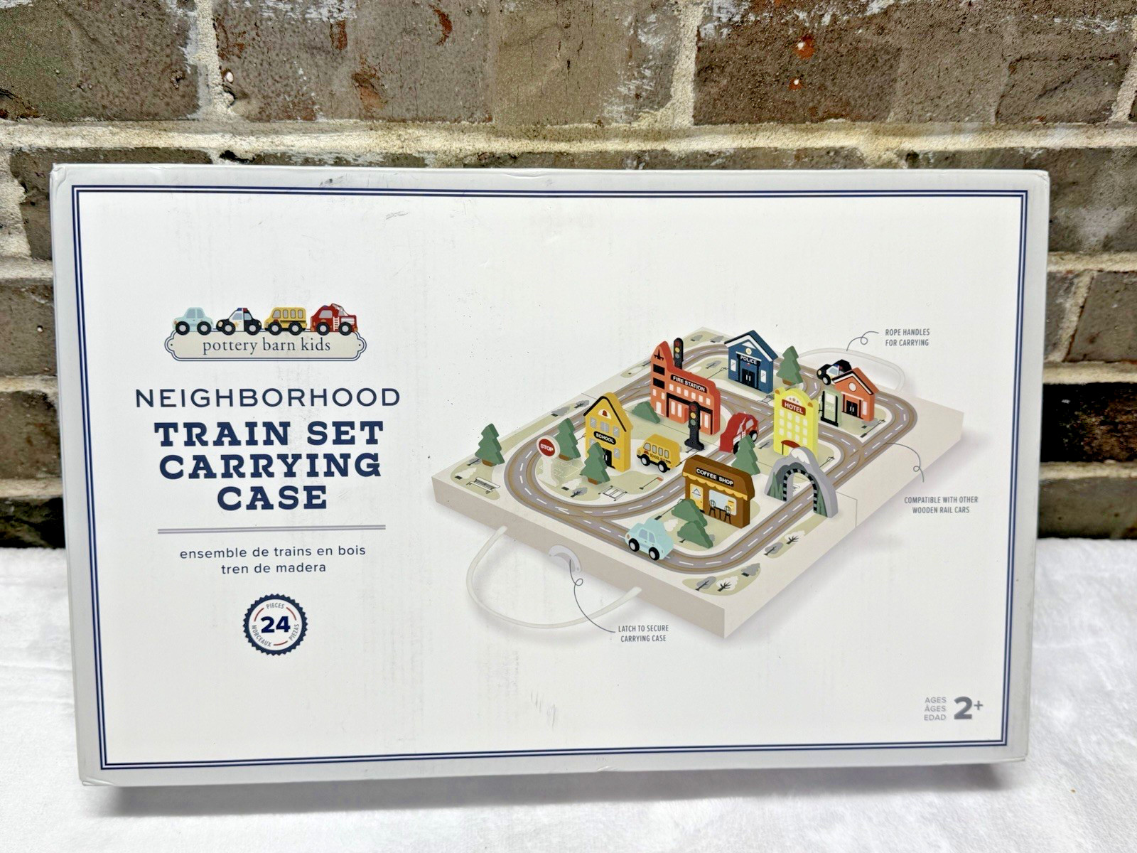 Pottery Barn Kids Neighborhood Train Set Wooden 24 Pc Carrying Case NEW In Box