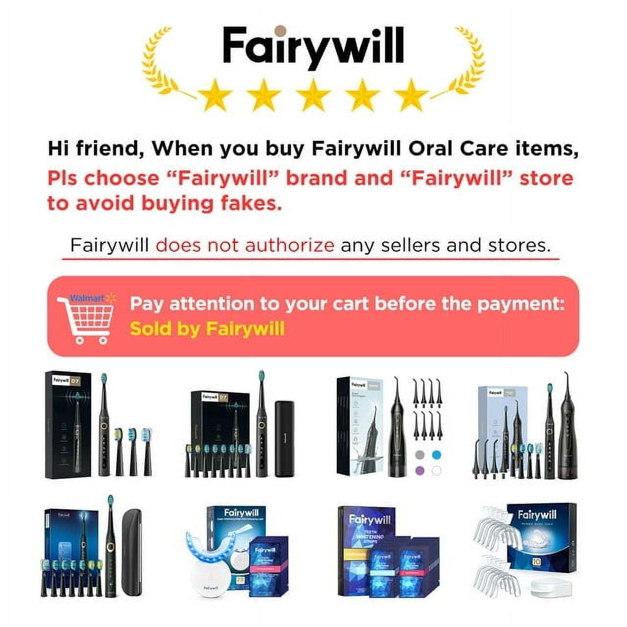 Fairywill Sonic Electric Toothbrush USB Rechargeable 5 Modes 6 Brush Heads Timer