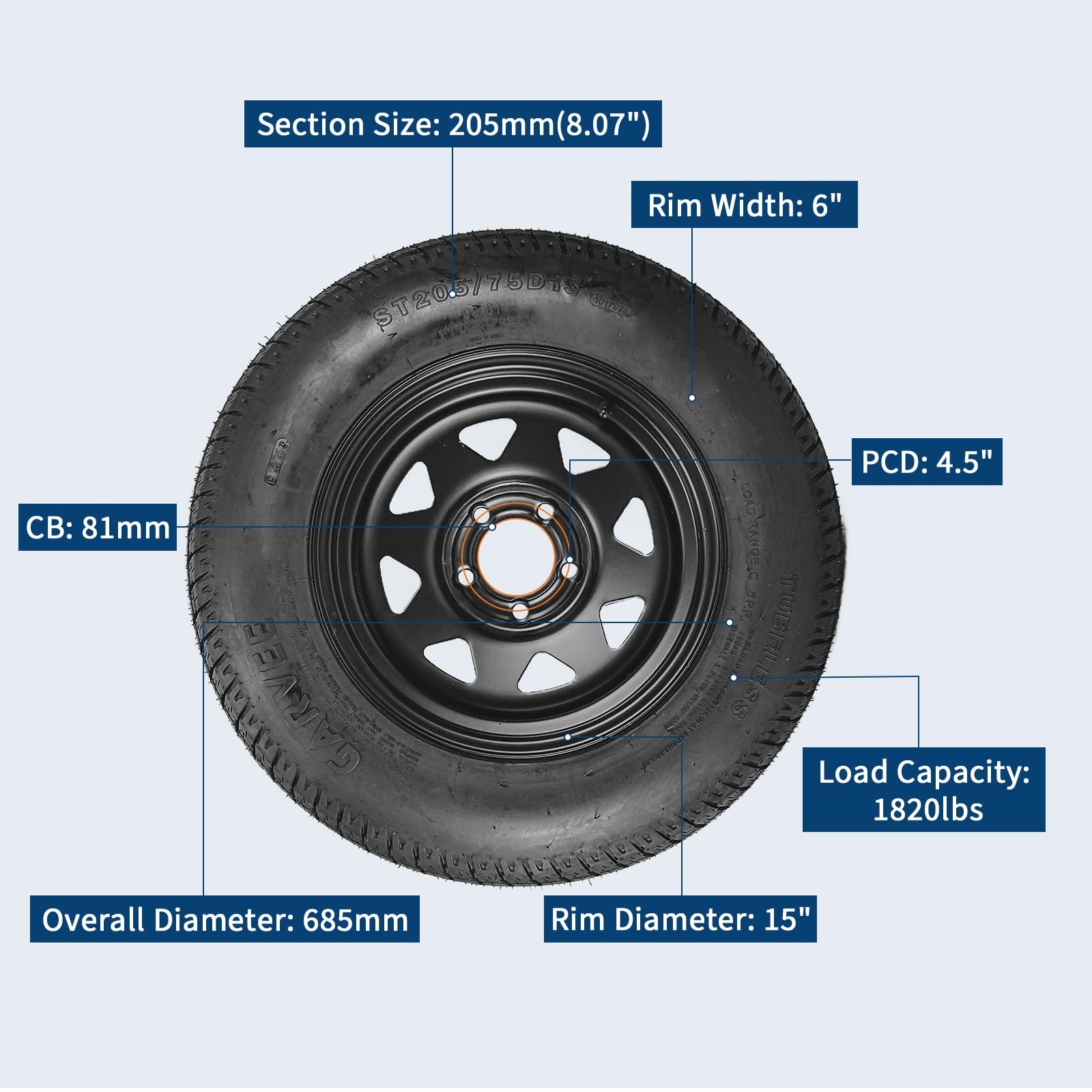 2 pcs ST205/75D15 Trailer Tires and Wheels W/15" Rims 5 Lug on 4.5" Load Range C