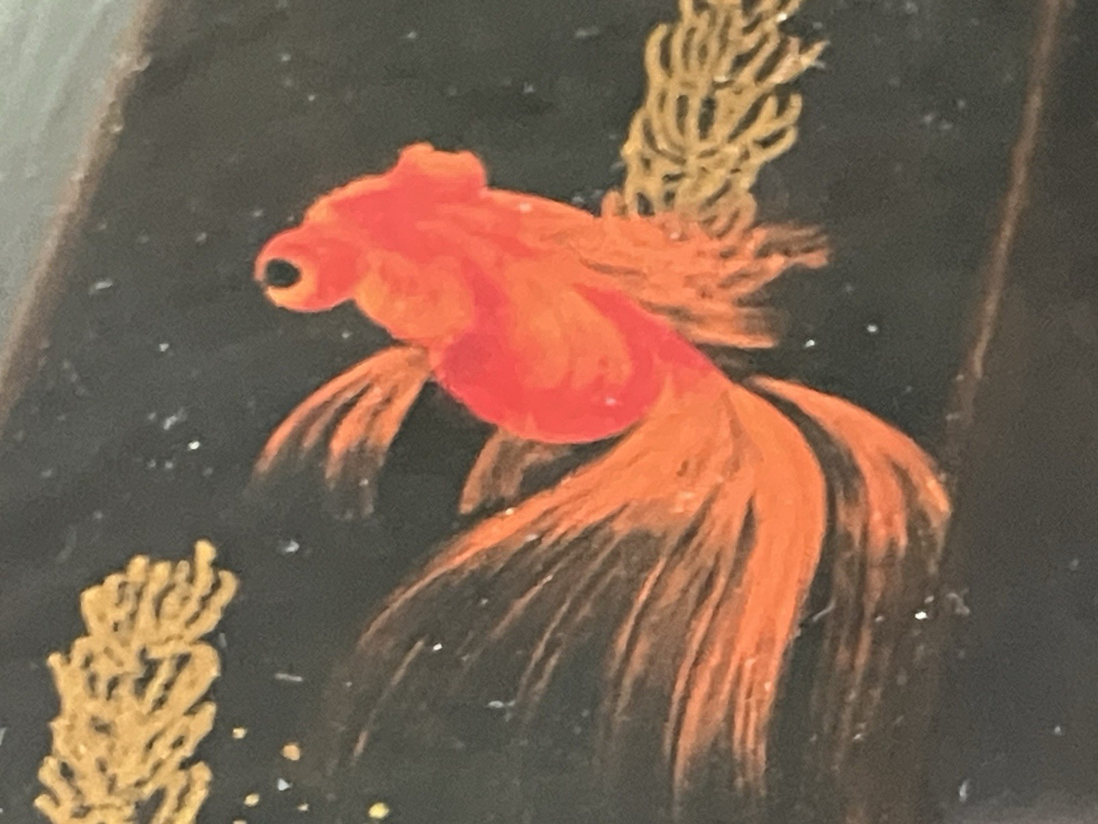 Vintage Vietnamese Lacquer Tea Caddy with Hand‑Painted Goldfish Design, 6" T