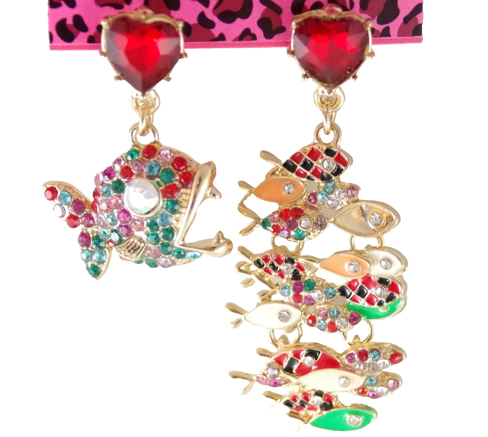 BETSEY JOHNSON ASYMMETRICAL PREDATOR/ SCHOOL OF FISH RHINESTONE DANGLE EARRINGS
