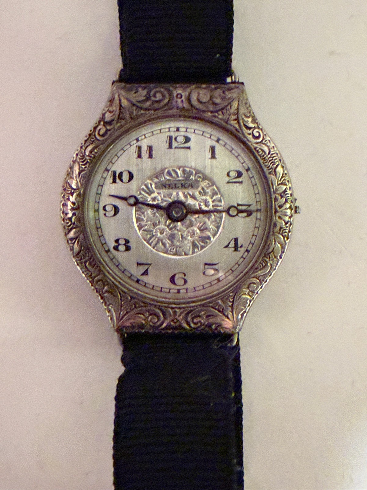 Original Art Deco Nelka Watch 1920's - Engraved Floral Pattern Face -White Gold