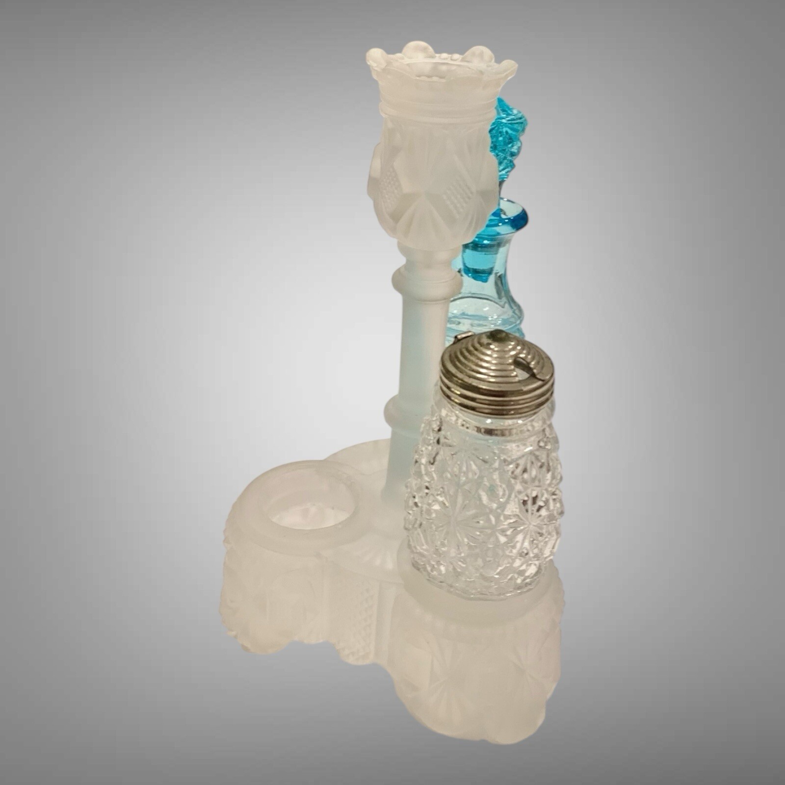 1860s Belmont Co. EAPG Pattern Glass Condiment Cruets (2) And Castor Set