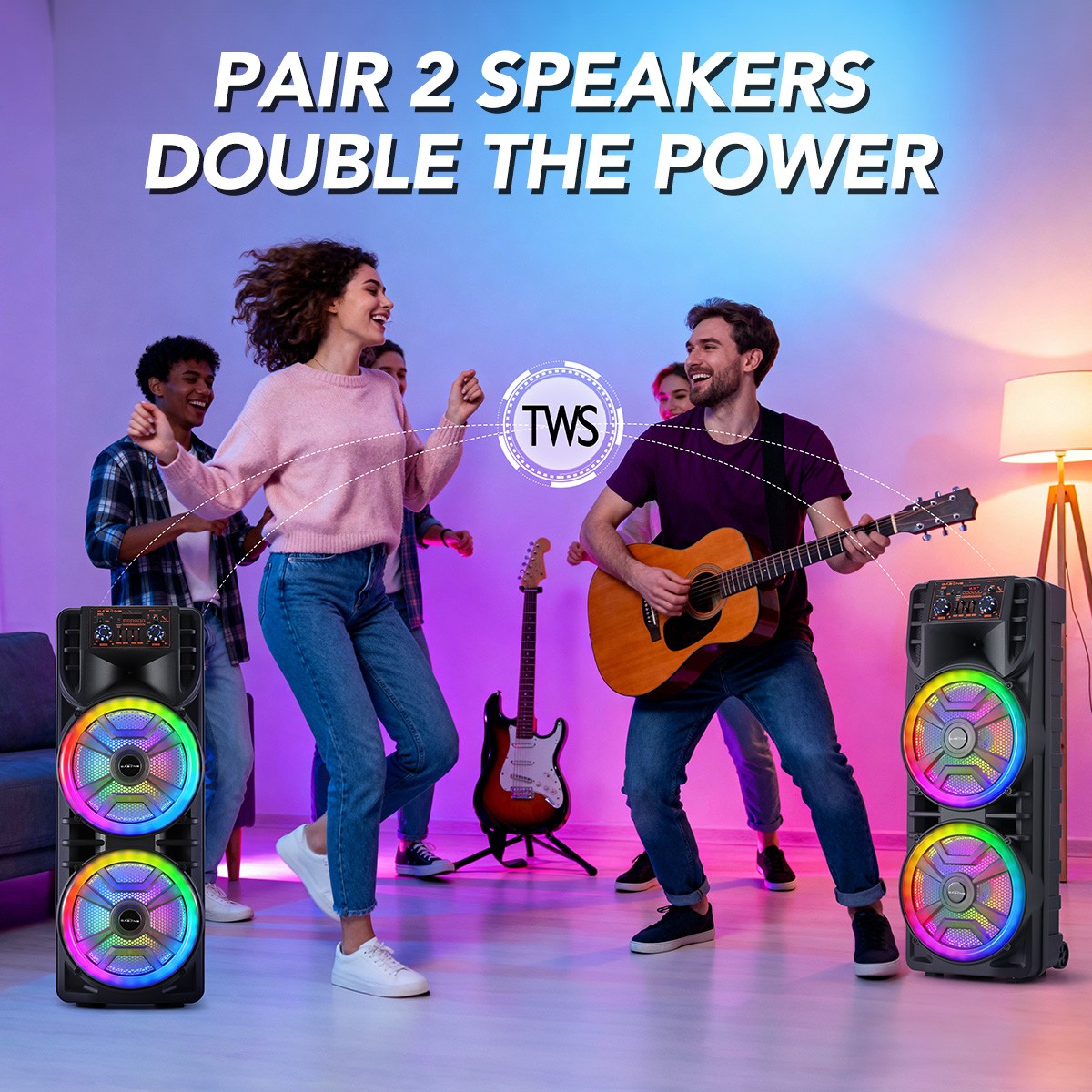 Dual 12" Portable Bluetooth Party Speaker Heavy Bass Sound with Mic FM Karaoke