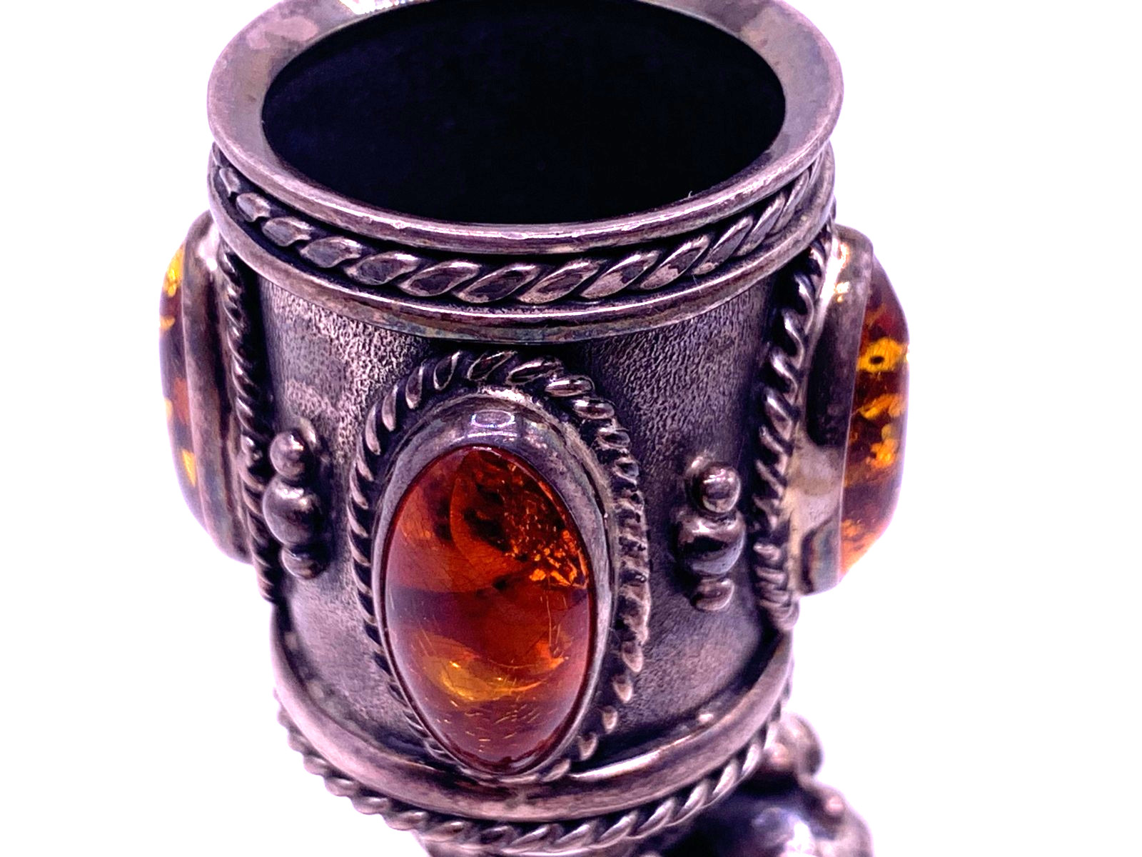 Rare Sterling Silver Candle stick Holder with Baltic Amber Cabochons 88g Poland