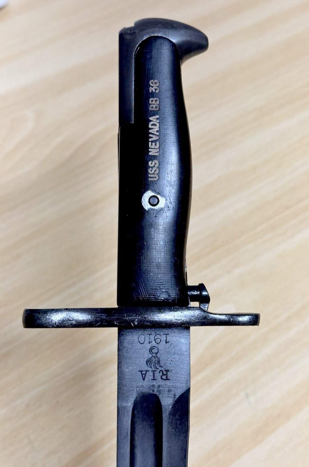 WWI US M1905-E1 10” Bayonet RIA 1910 Rock Island Armory Marked USS Nevada BB 36