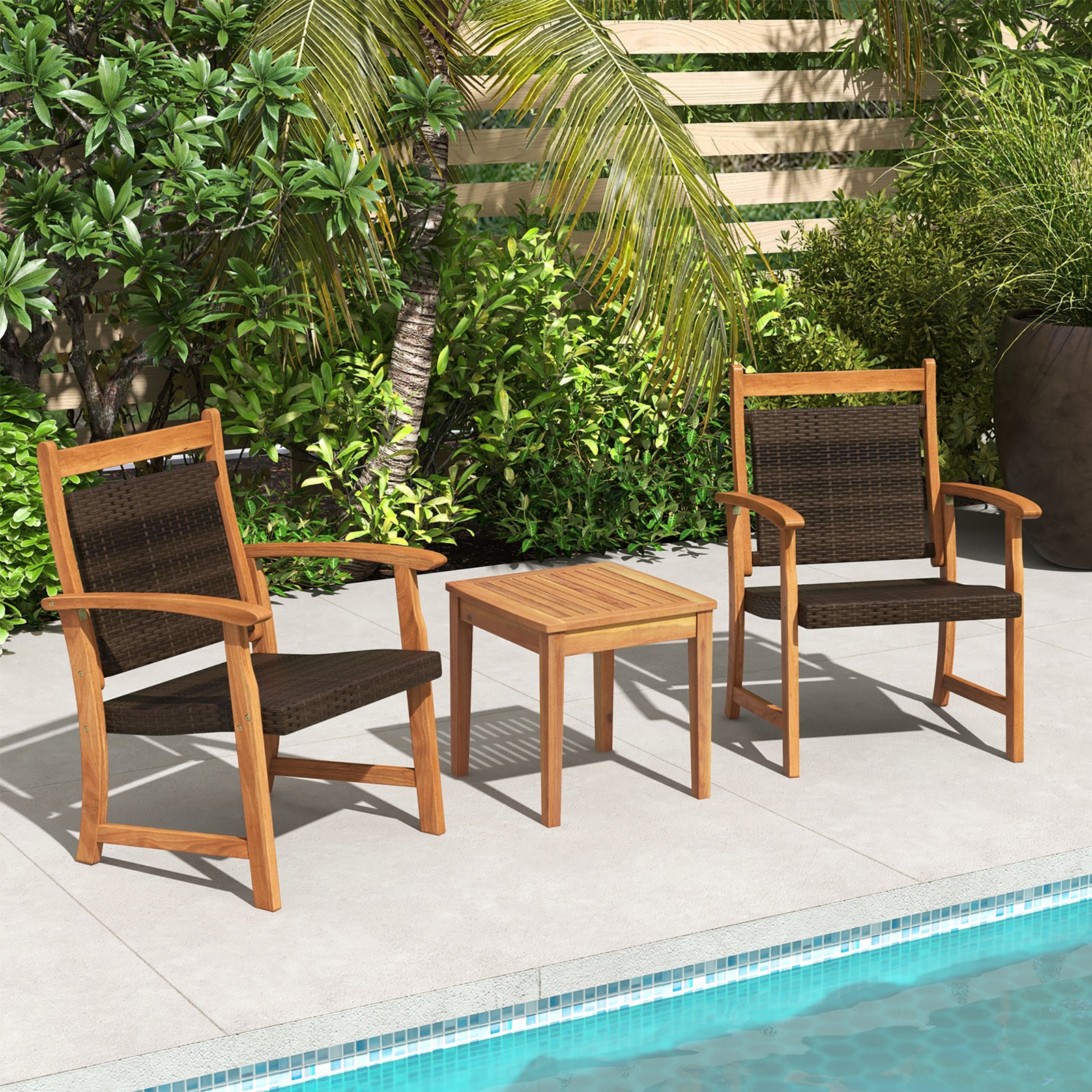 3PCS Patio Acacia Wood Rattan Bistro Set Outdoor Conversation Furniture Set