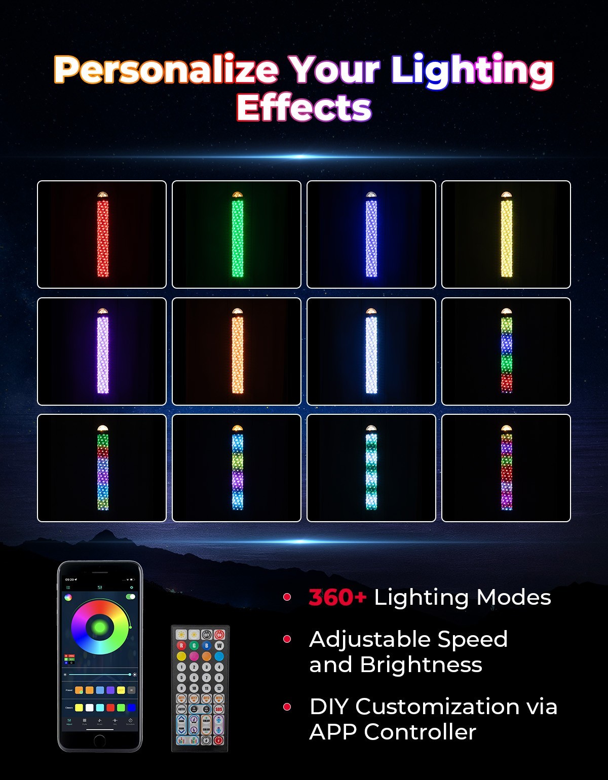 2PCS 2FT Fat Whip Lights LED Spiral Chasing Lighted w/ Warning Light for X3 RZR