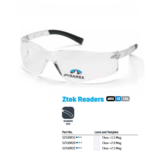 Pyramex Ztek Bifocal Safety Reading Glasses Clear Lens 1.5, 2.0, 2.5 Z87 1/Pair