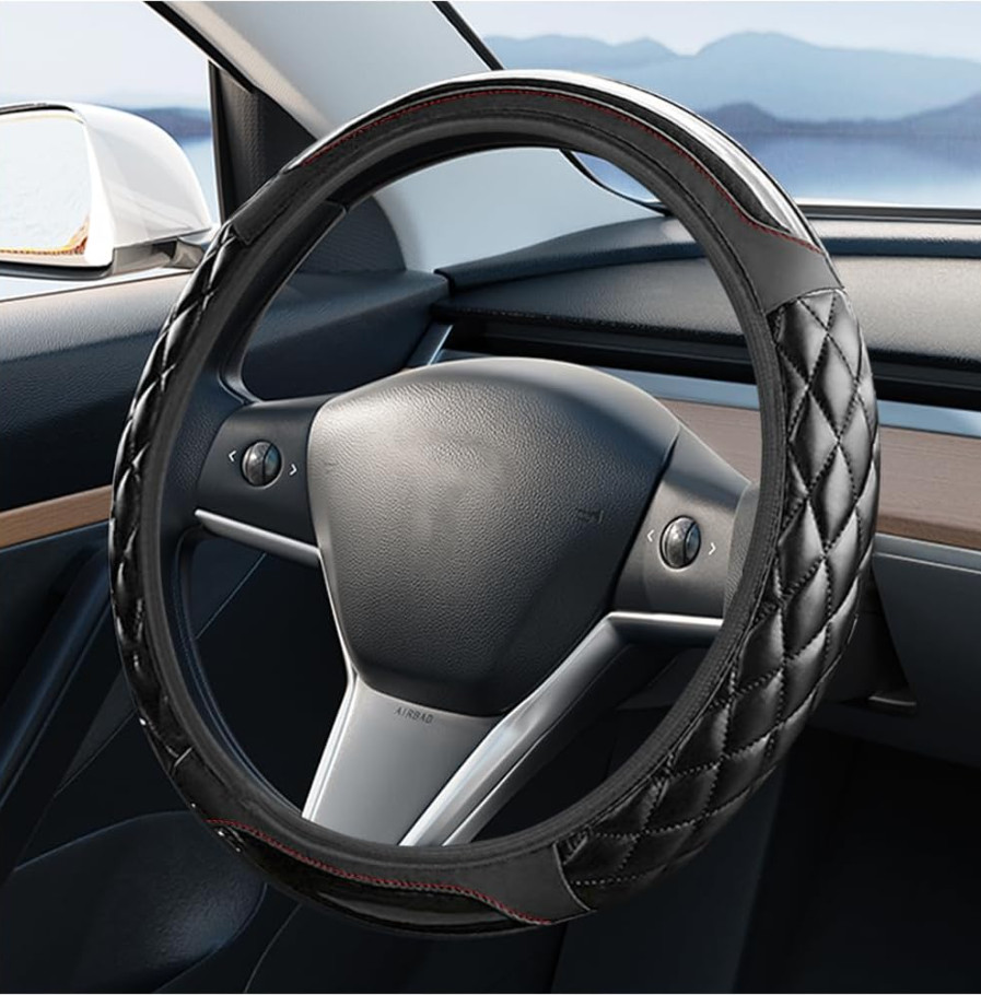 Car Steering Wheel Cover, 15 Inch Elastic Stretch Carbon Fiber Leather Anti-Slip