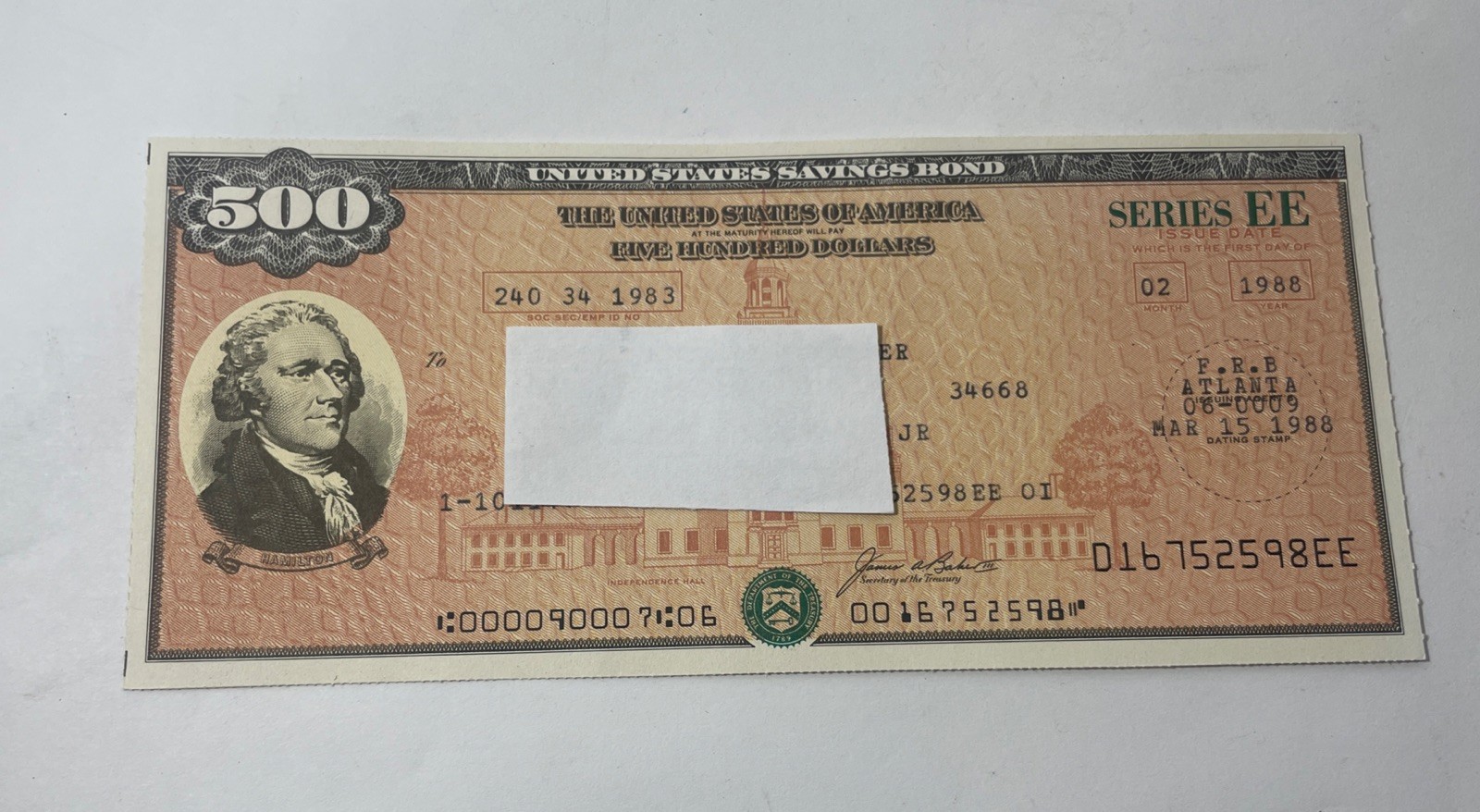 $500 UNITED STATES Savings Bond Series EE 1988 Hamilton Uncirculated Uncashed
