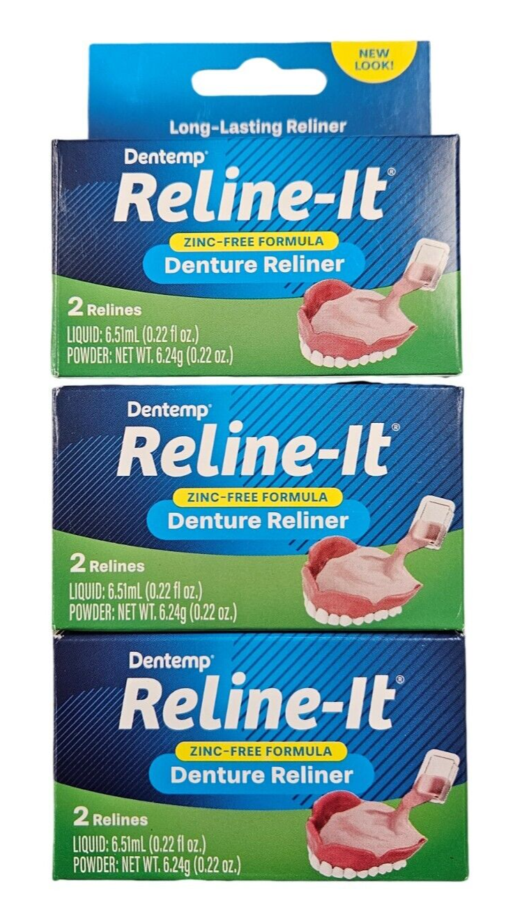 Dentemp Denture RELINER RELINE IT - 2 repairs / box ( 3 boxes ) green NEW LOOK!