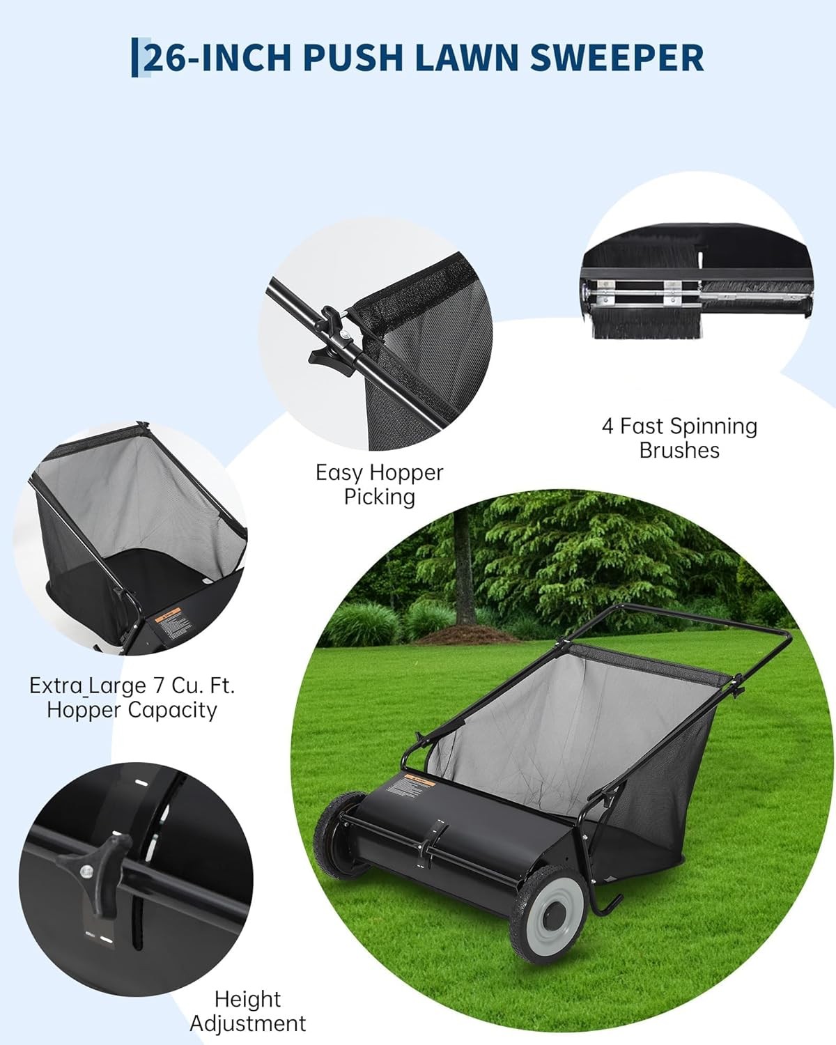 GRAVEE 26 Inch Push Lawn Sweeper 7 Cu Ft 4 Spinning Brush Adjustable Height