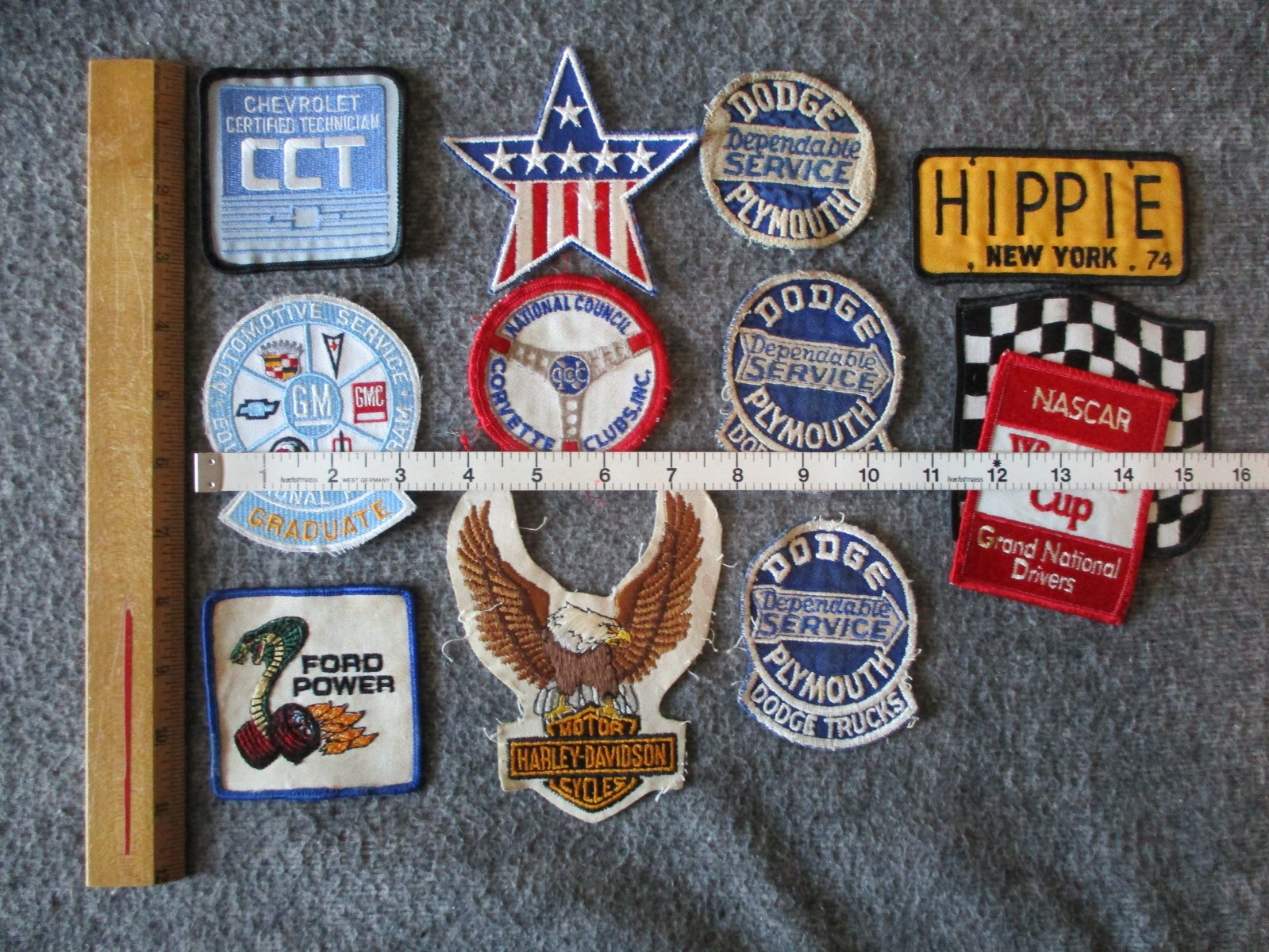 VINTAGE AUTOMOTIVE PATCHES (12)-FORD COBRA HARLEY-DAVIDSON CHEVY DODGE PLYMOUTH