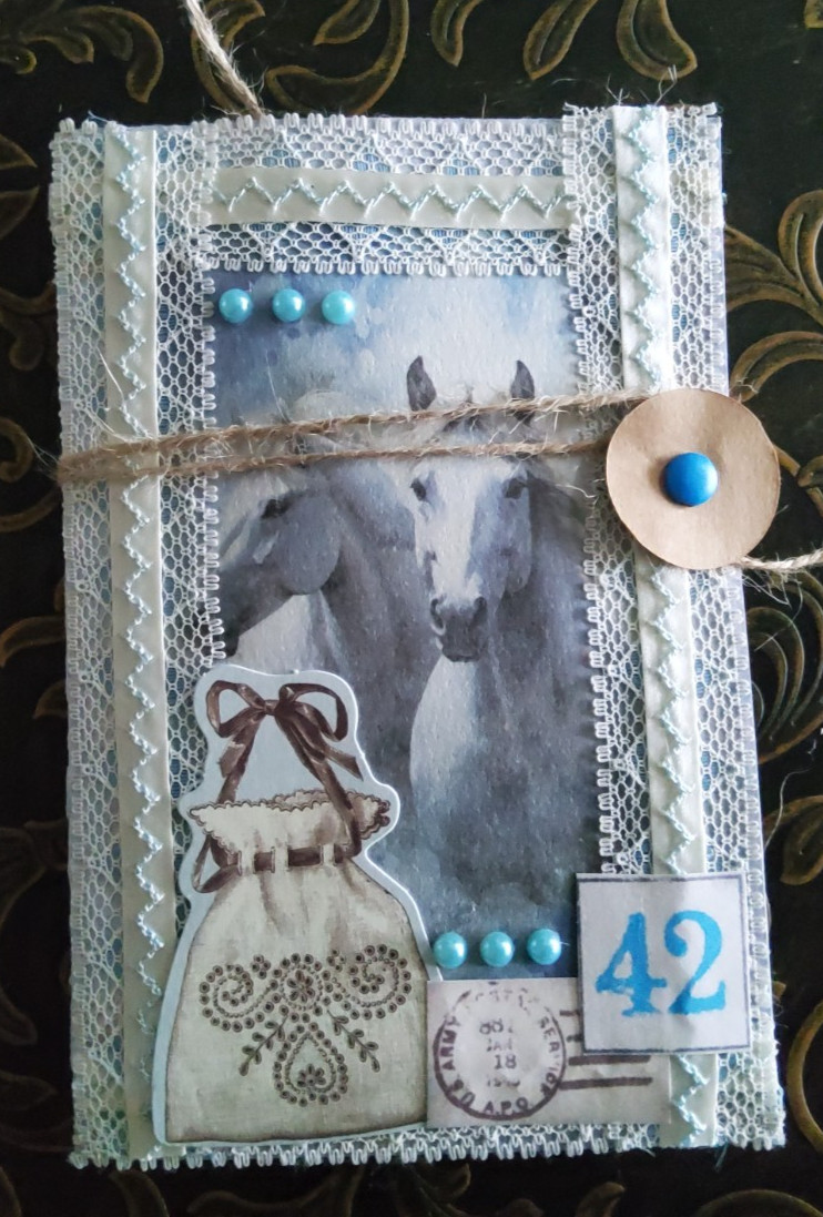 NEW Junk Journal Handmade Booklet Folio Vintage "White Horses"  Pockets Ephemera