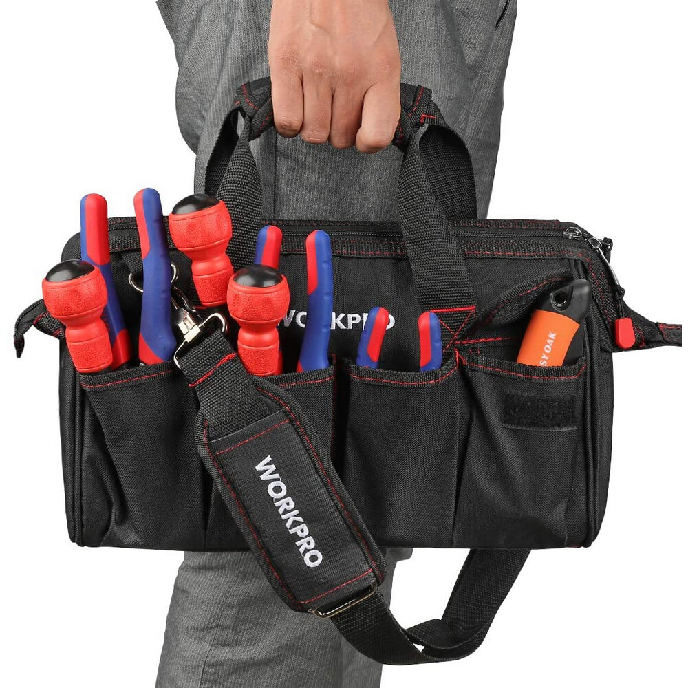 WORKPRO 16"/14"/12" Wide Mouth Tool Bag Black Tool Storage Tote with Rubber Base