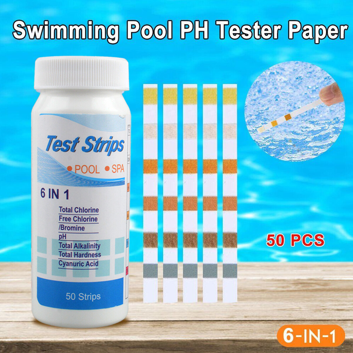 200PCS 6IN1 Chlorine Dip Test Strips Hot Tub SPA Swimming Pool PH Tester Paper