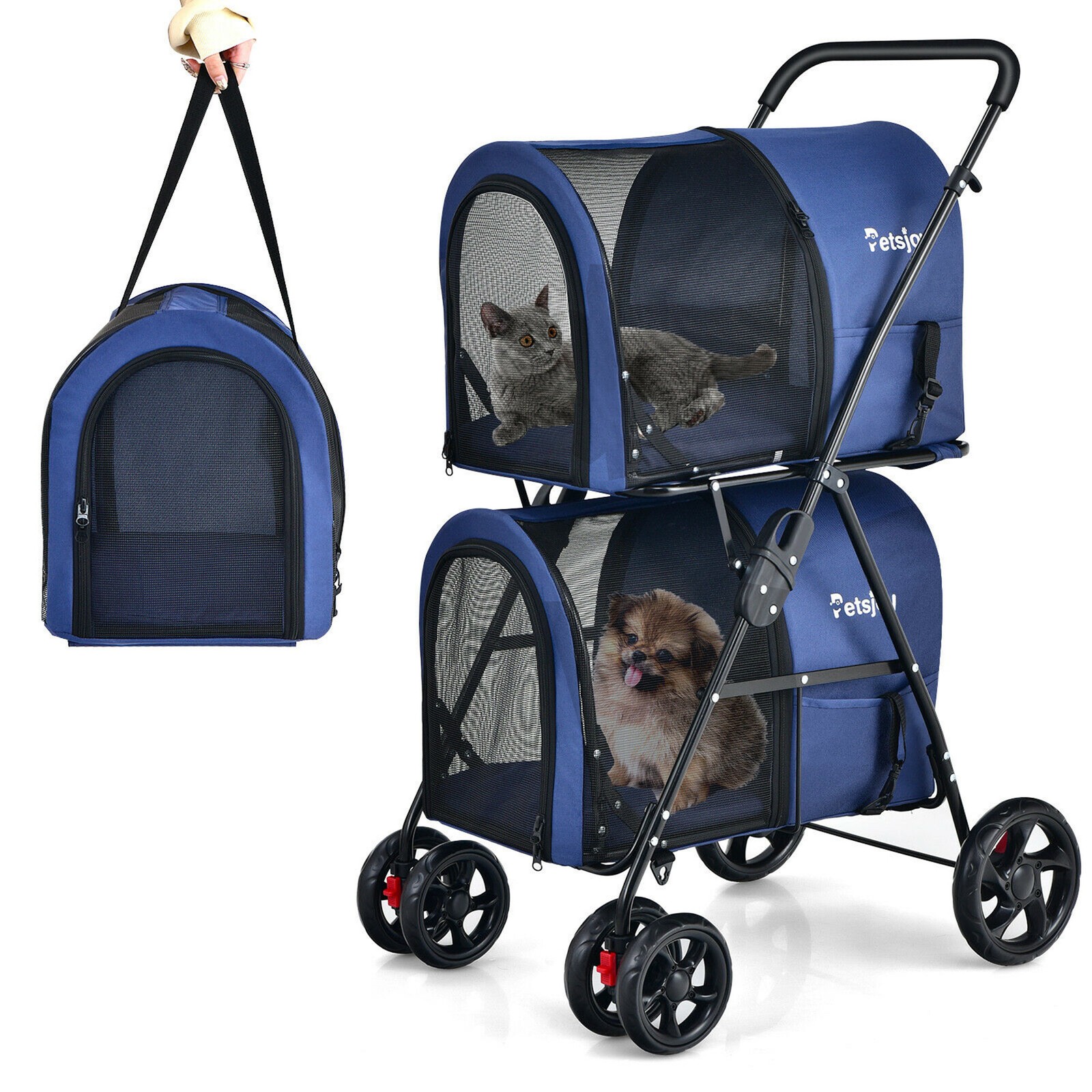 4-in-1 Double Pet Stroller w/ Detachable Carrier Travel Carriage for Cats Blue