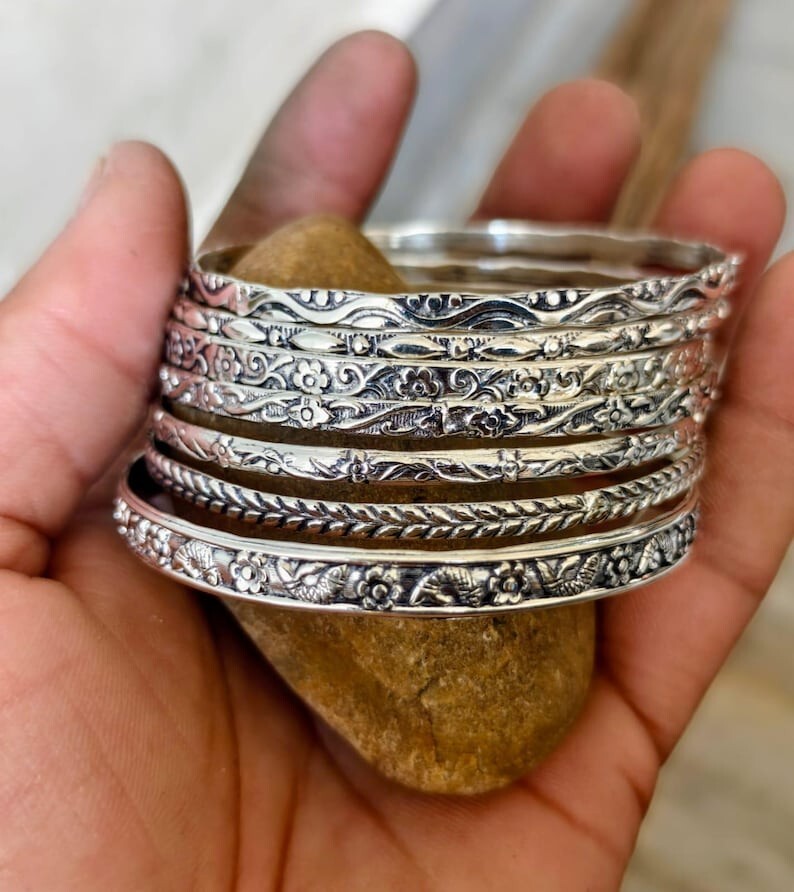 Solid 925 Sterling Silver Bangles, Hammered Bangles Stacking Set of 7 Bangles