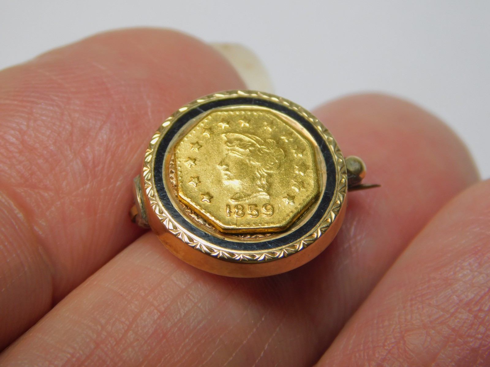 VERY UNUSUAL 1859 CALIFORNIA GOLD PIECE ON ENAMELED 10k GOLD PIN! FREE SHIPPING!