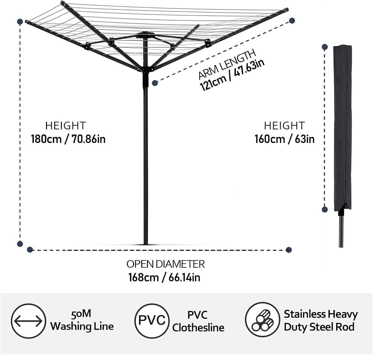 Umbrella Clothesline Outdoor Adjustable Height Drying Rack 4 Arms 12 Lines 165FT