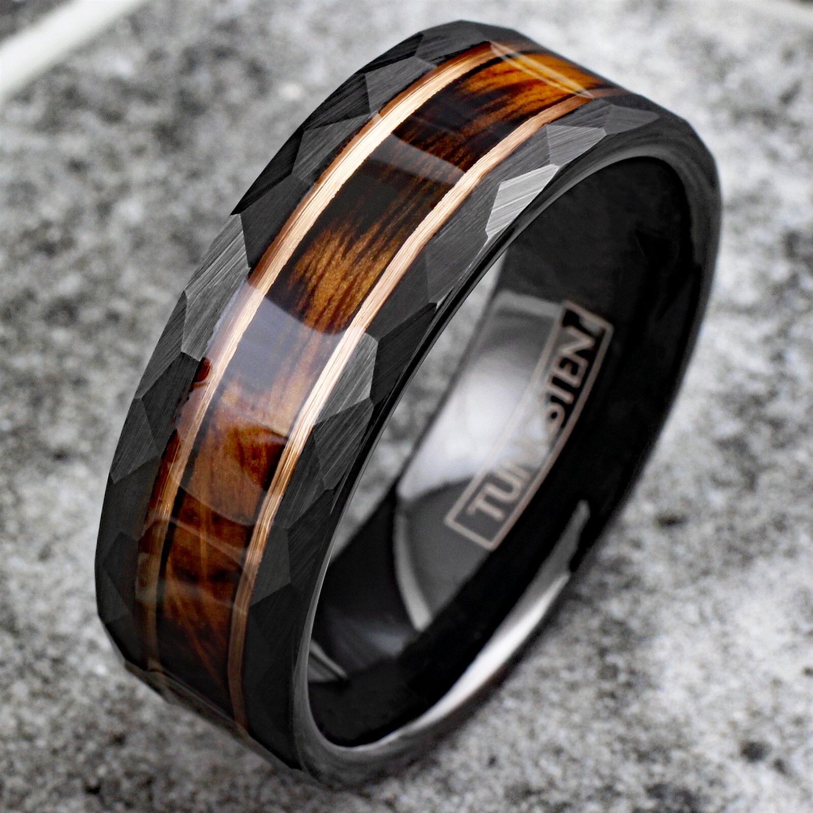 Black Tungsten Men's Ring Charred Whiskey Barrel Rose Gold Plated Wedding Band