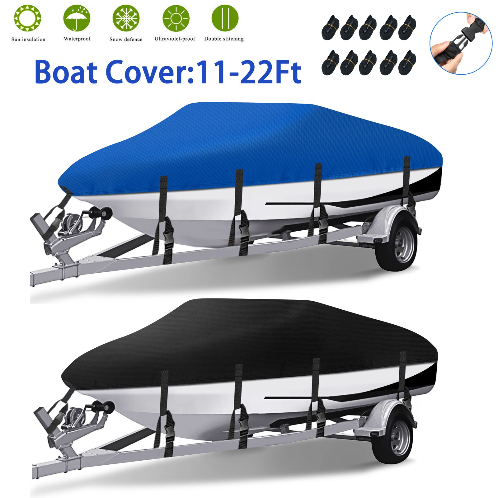 14-24ft Waterproof Boat Cover Trailerable Fishing V-Hull Runabout UV Resistant