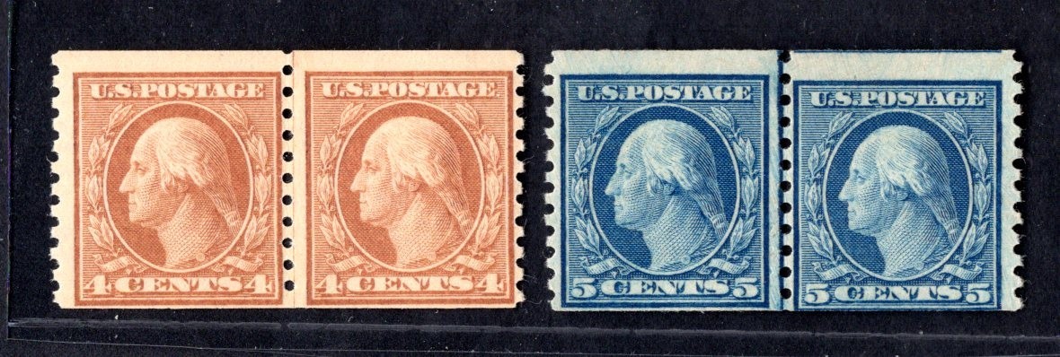 US 1917-1919 COIL LINE PAIRS SC. #495-496 #495 IS NEVER HINGED #496 LIGHT HINGE