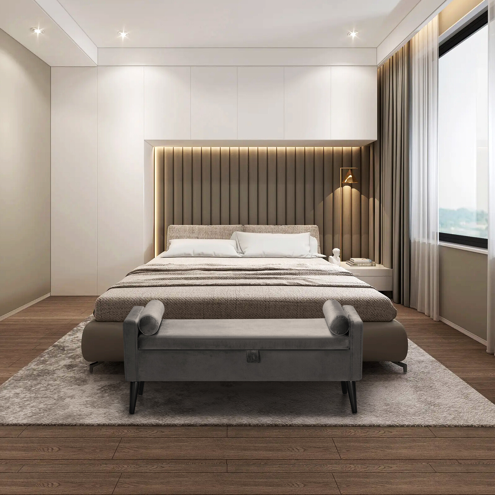 47" Upholstered Storage Ottoman Bedroom Velvet Bench End of Bed + 2PCS Pillows