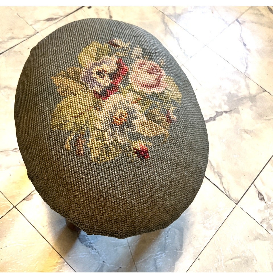 Vintage Needlepoint Footstool Floral Embroidery Wood Legs Oval Small Stool Read