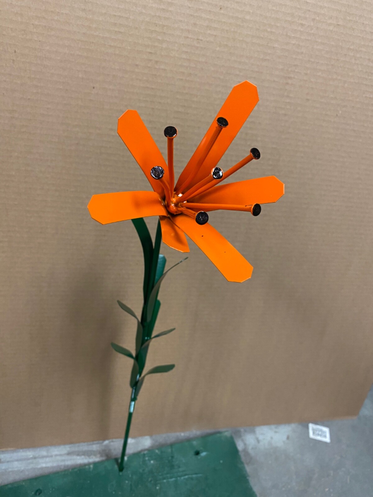Recycled Metal Welded Orange Lilly W/ Nails Flower Stake Yard Art Rock Garden