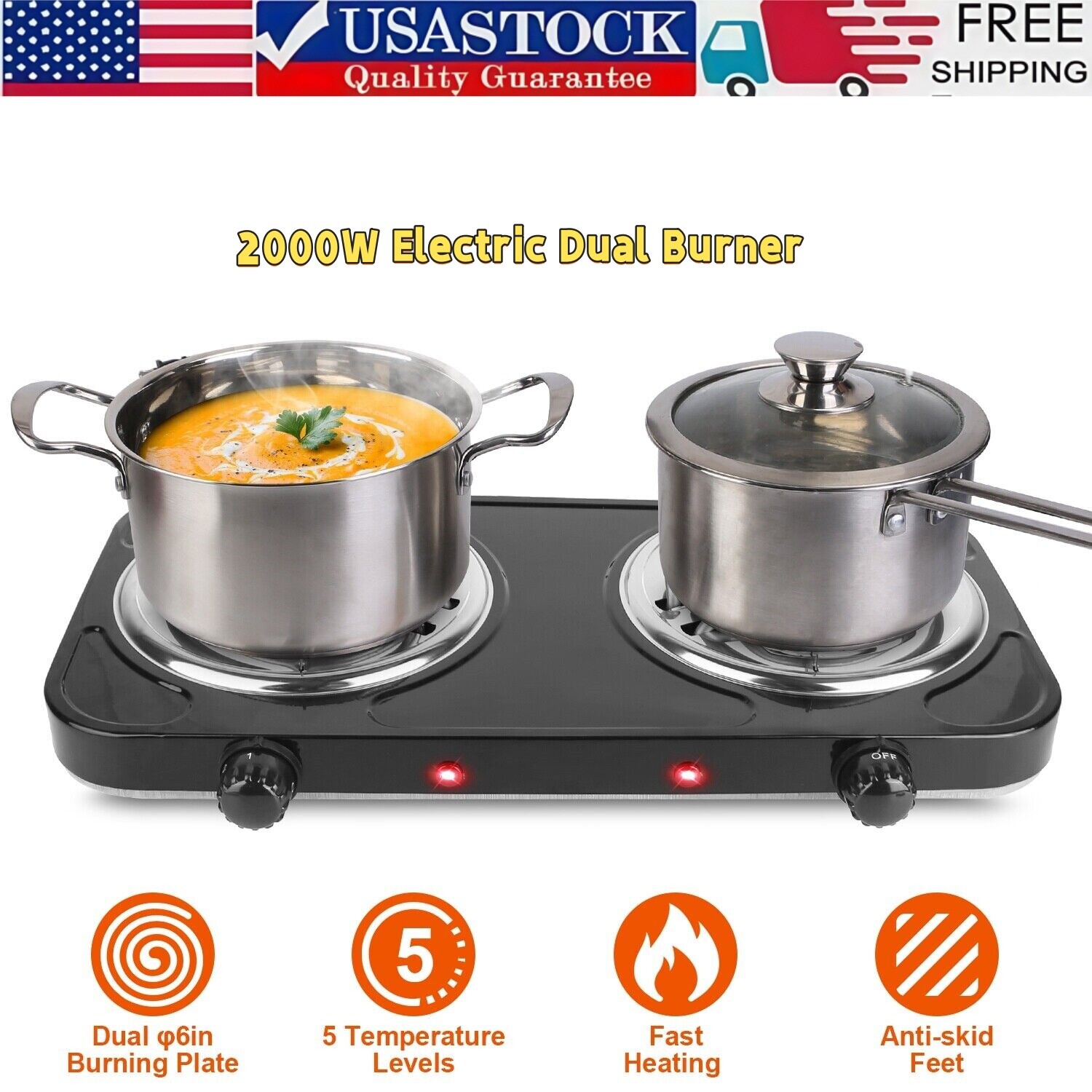 Dual Electric Stove Burner Travel Compact Small Hot Plate For Cooking - 2000 W