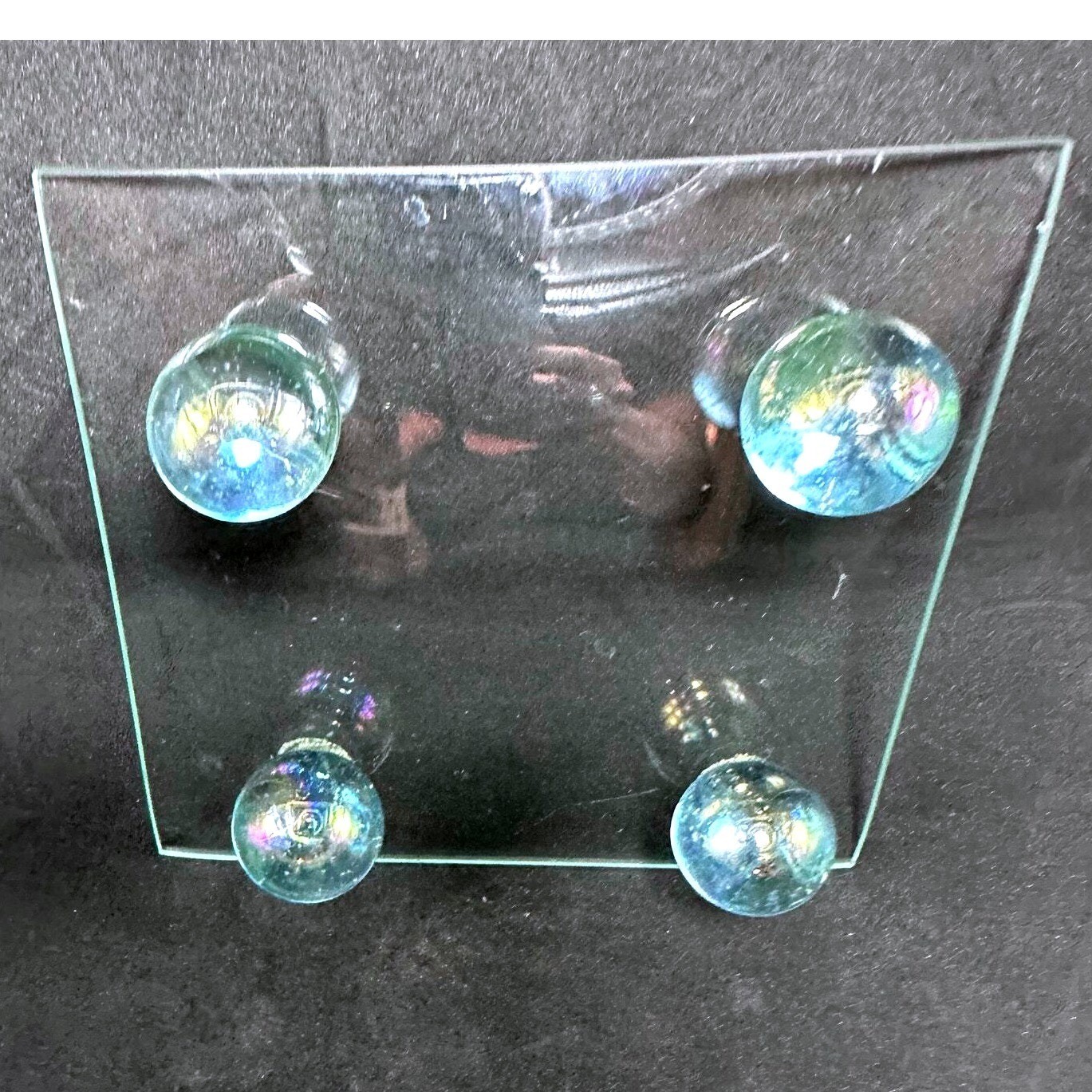 Glass Square Tray with Four Iridescent Orb Feet Decorative Display Stand