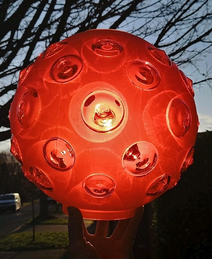 GIANT Antique Cranberry Red Frosted Dimple Optic Duplex Oil Lamp Shade, 4 Inch