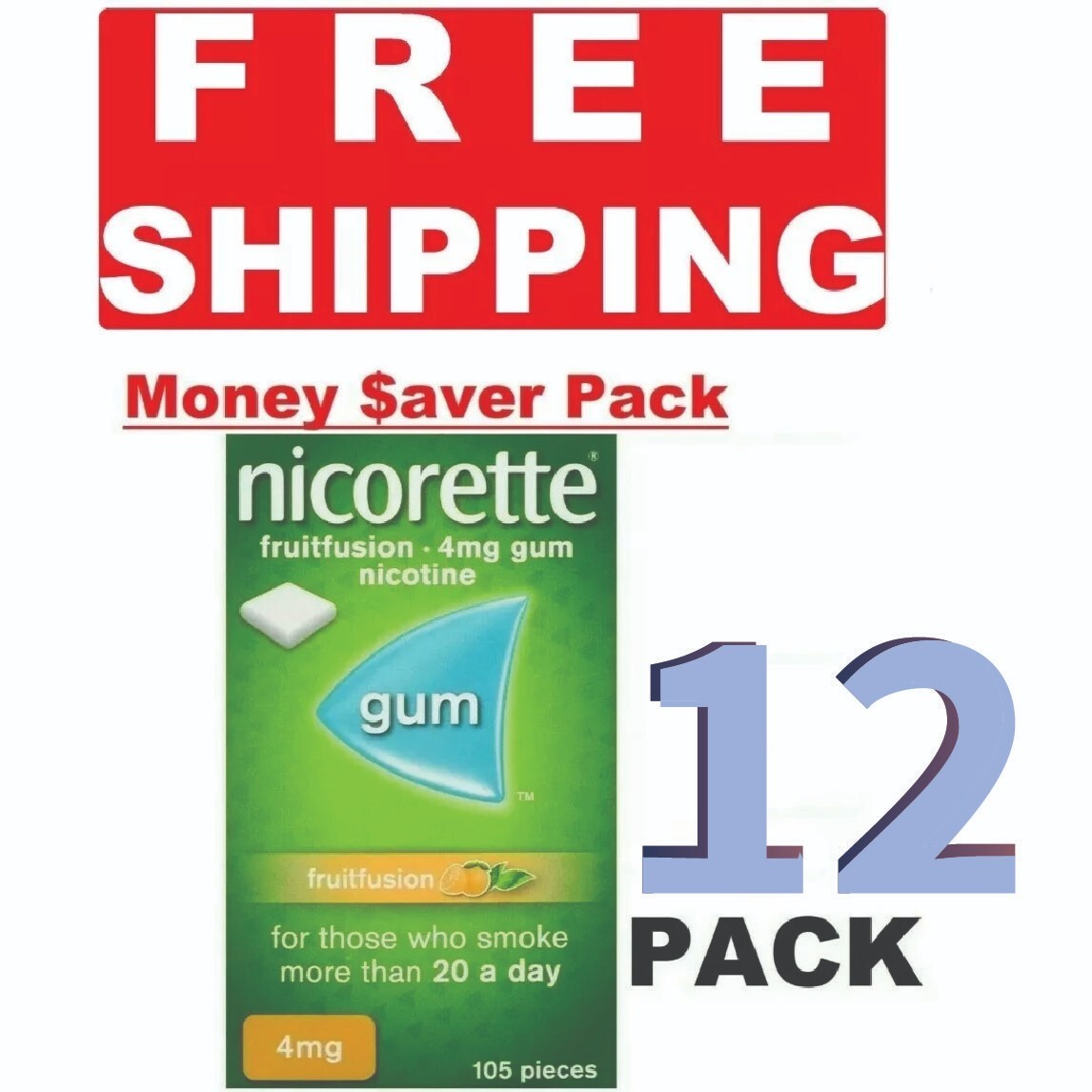 12x Nicorette FRUIT FUSION Stop Smoking Aid Chewing Gum 4mg 105Pieces PACK OF 12
